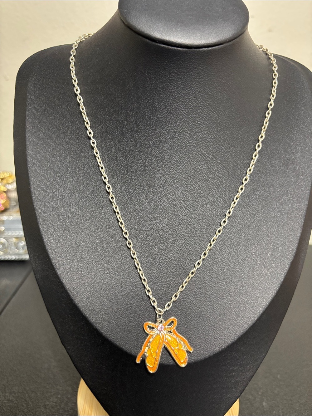 Dainty Silver Chain Necklace with Orange Ballet Slippers Pendant